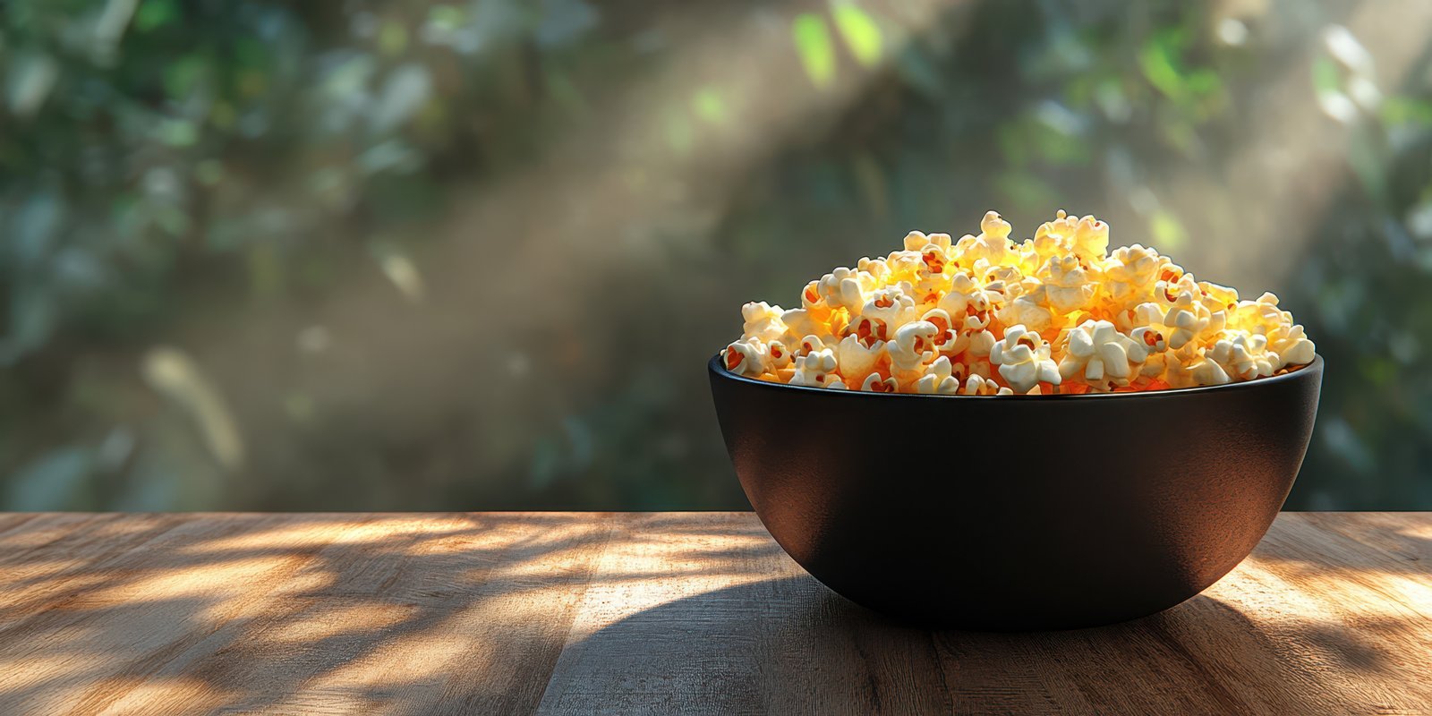 Freshly prepared popcorn in a black bowl on a wooden table surrounded by natural light and greenery